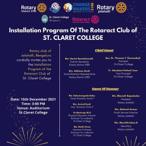 Warm Greetings from Rotaract Club of St.Claret College The long wait is ended, and we are pleased to present the Installation of Office Bearers. Kindly grace the occasion with your presence